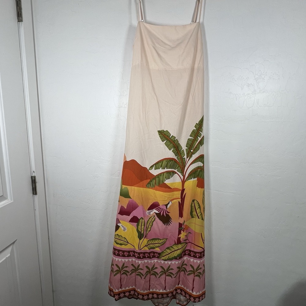 Anthropologie Paper Heart Maxi Dress Woman's Palm Tree Bird Sunset Size L NEW